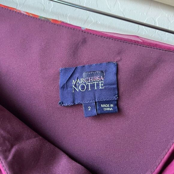 Marchesa Notte Burgundy Floral Print One Shoulder Chiffon‎ Midi Dress Size 2 - Picture 7 of 14